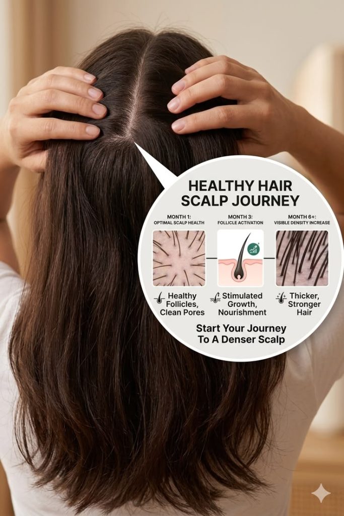 Healthy scalp and stronger-looking hair journey graphic