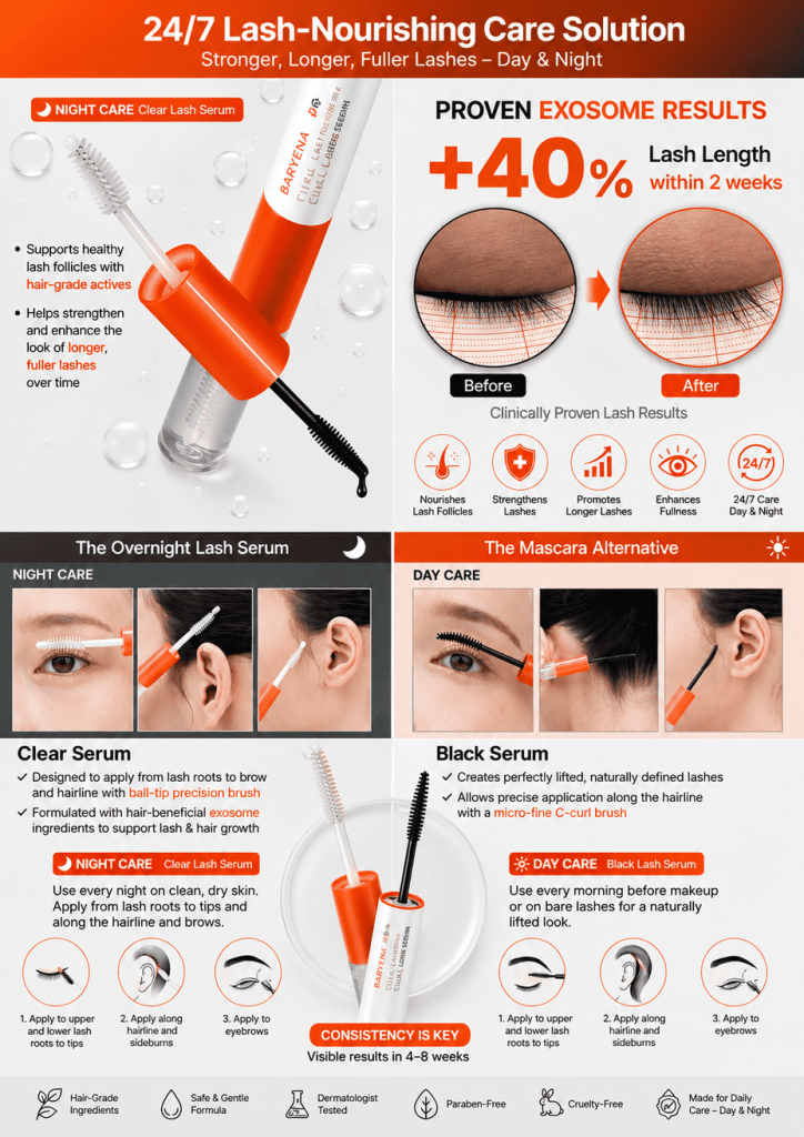 Free 2-in-1 clear and black lash and brow serum with lash progress and application guide